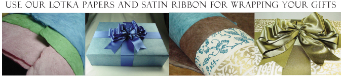 Lotka paper gift wrap, satin ribbon bows