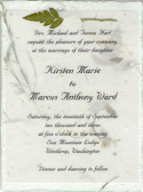 cotton fiber invitation with vellum and leather fern