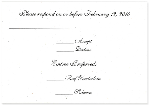 Example of reply card with dinner menu