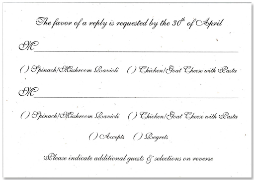 Response with meal selections Examples of Wedding Invitation Wording for Response with meal selections Examples of Wedding Invitation Wording for