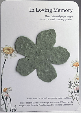 seed paper flower attached to 3x5 card with daisy print