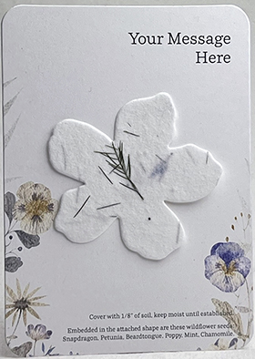 seed paper flower attached to 3x5 card with pansie print