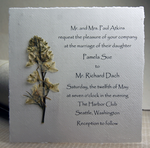 6x6 panel invitation with larkspur stem