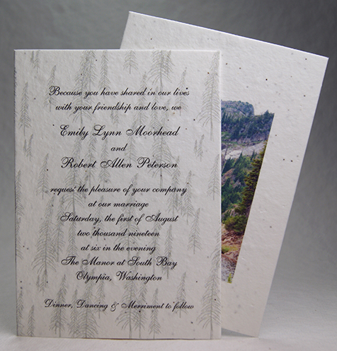 5x7 wedding invitation with forest and mountain design