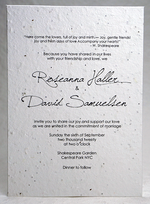 Traditional Seed Paper Wedding Invitations - Wildflower Seeded Papers Cut  To 5x7 With Charcoal Print