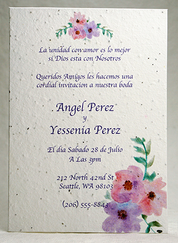 Watercolor Floral print seed paper invitation 5x7