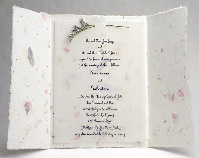 handmade paper invitation shown with #41s, da vinci and misty