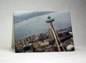 handmade cotton seeded paper card with image of the Space Needle