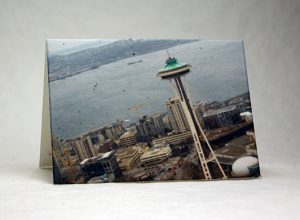 handmade cotton seeded paper card with image of the Space Needle