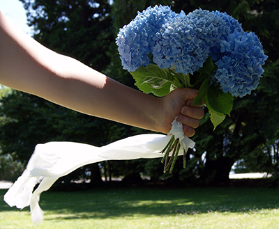 White silk ribbon bouquet cascade